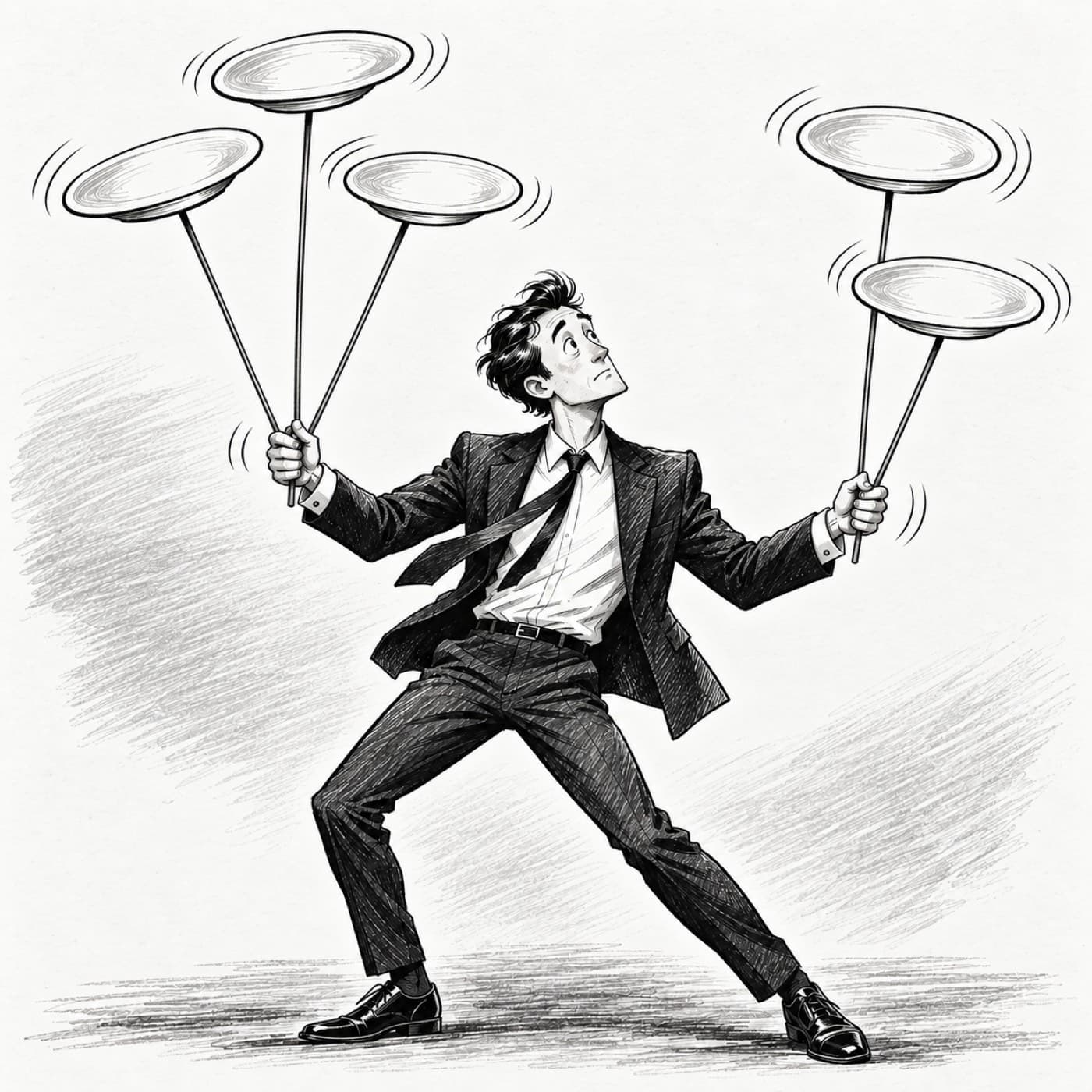 A man balancing five spinning plates, illustrating the demands of coordinating more jobs.