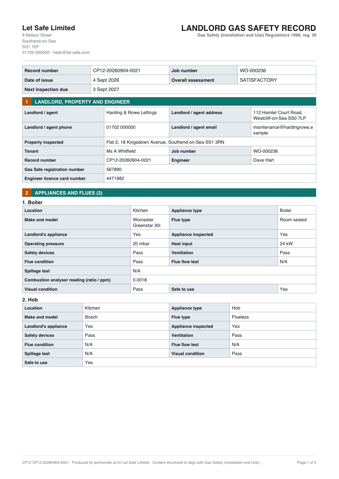 The issued Landlord Gas Safety Record carrying the same landlord, property, tenant and job number on the firm's letterhead.