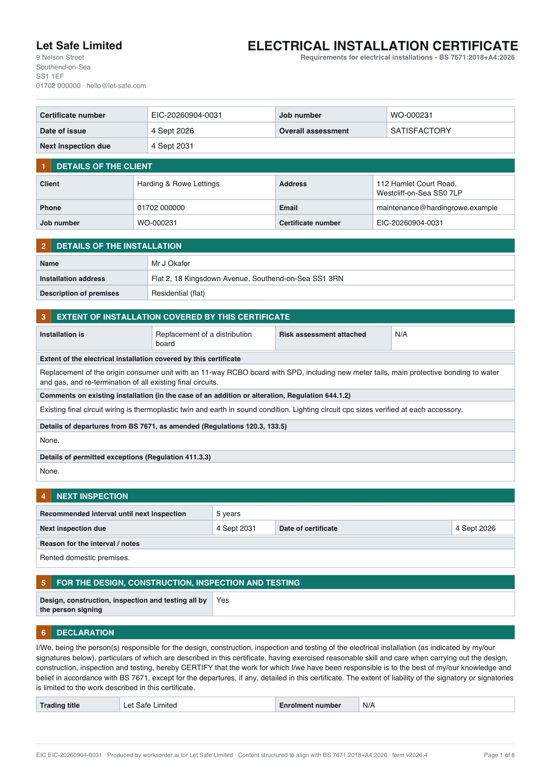 Page one of an issued Electrical Installation Certificate on the firm's letterhead.