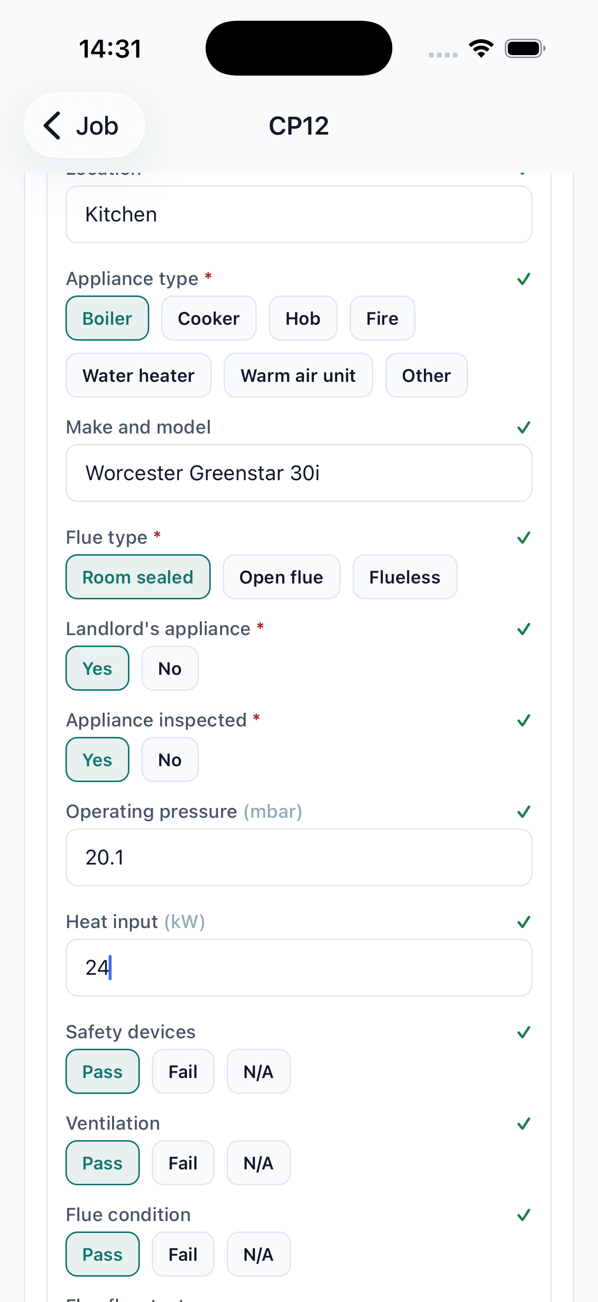 A CP12 appliance entry in the engineer app: boiler in the kitchen, Worcester Greenstar 30i, room-sealed flue, operating pressure and heat input readings, Pass / Fail / N/A checks.