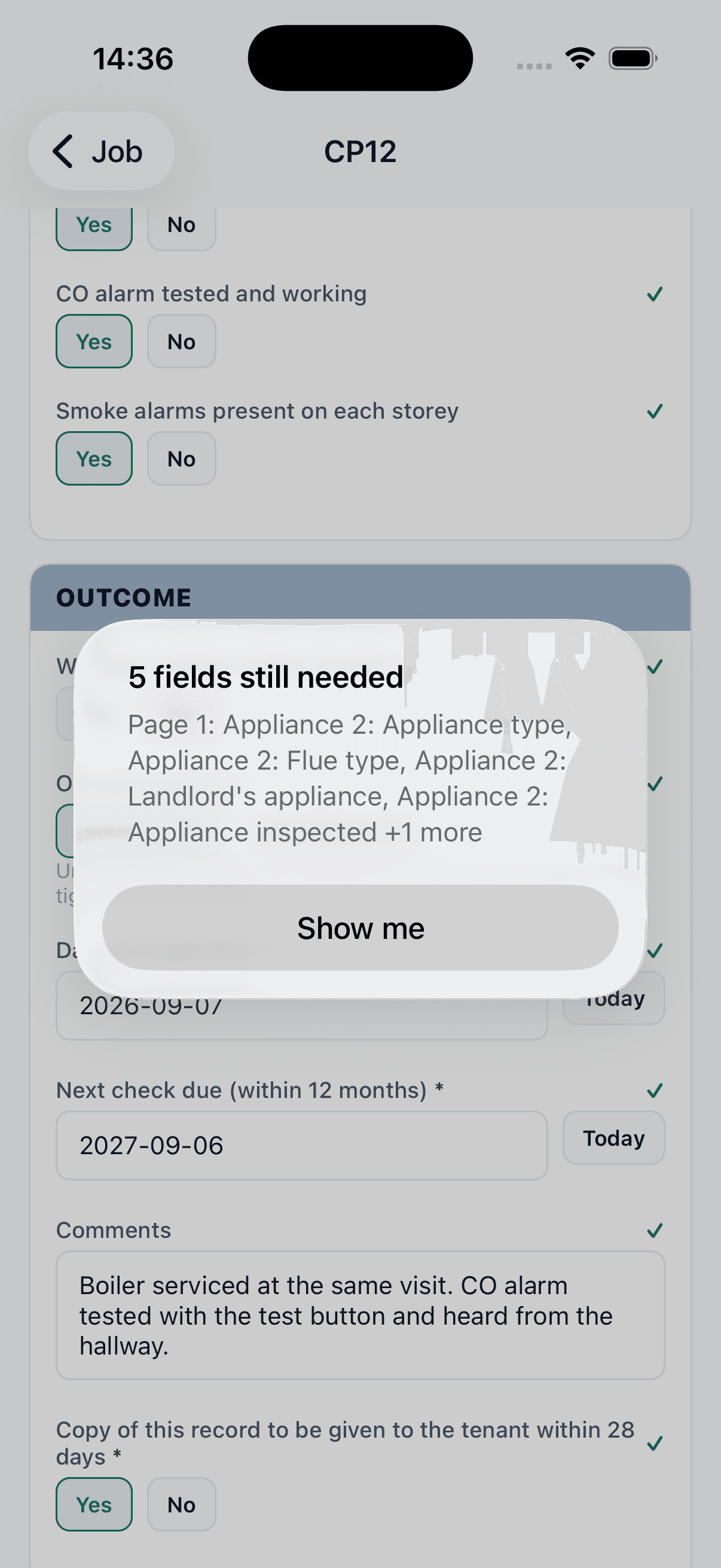 The completeness check in the engineer app: five fields still needed on appliance 2, with a Show me button that jumps to them.