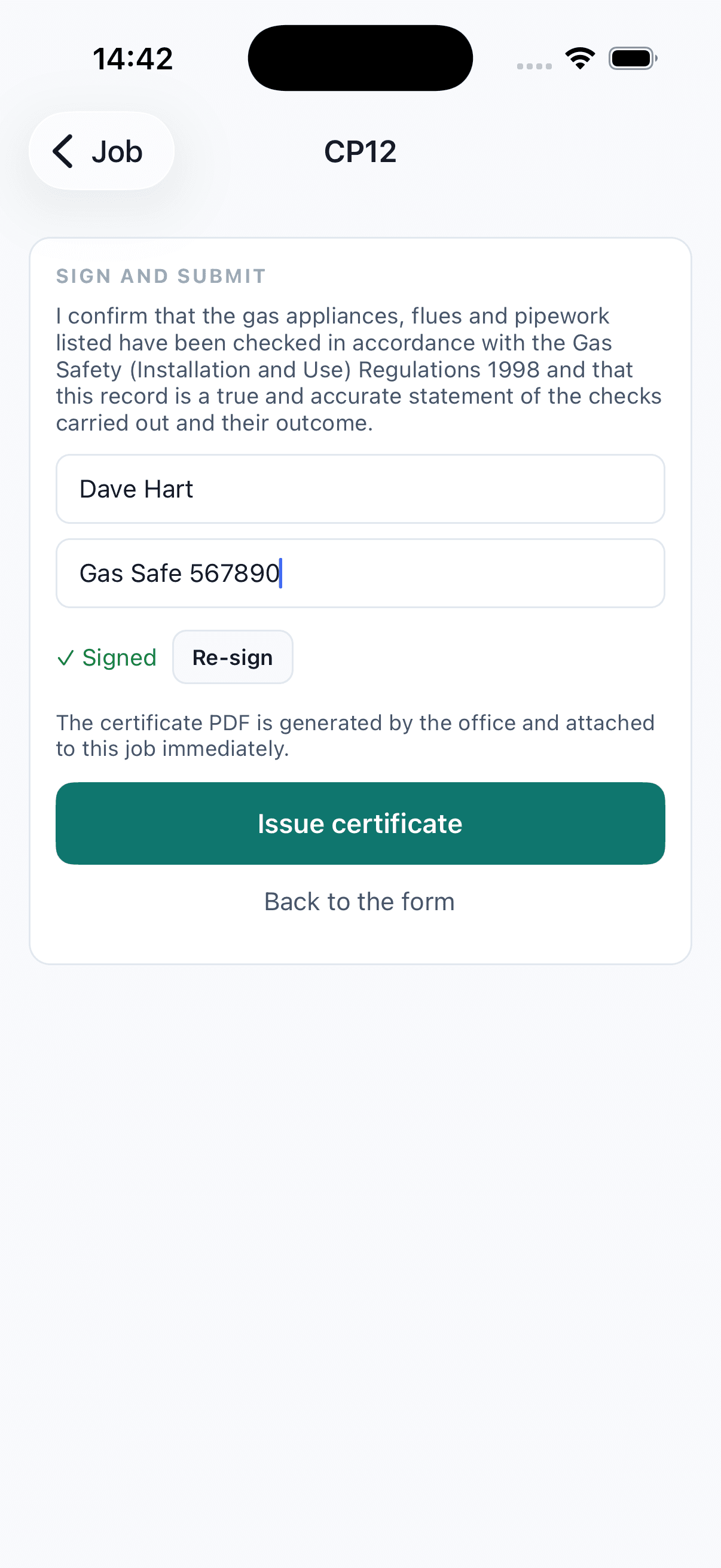 The CP12 sign-and-submit screen: the Gas Safety declaration, engineer name and Gas Safe number, a captured signature, and an Issue certificate button.