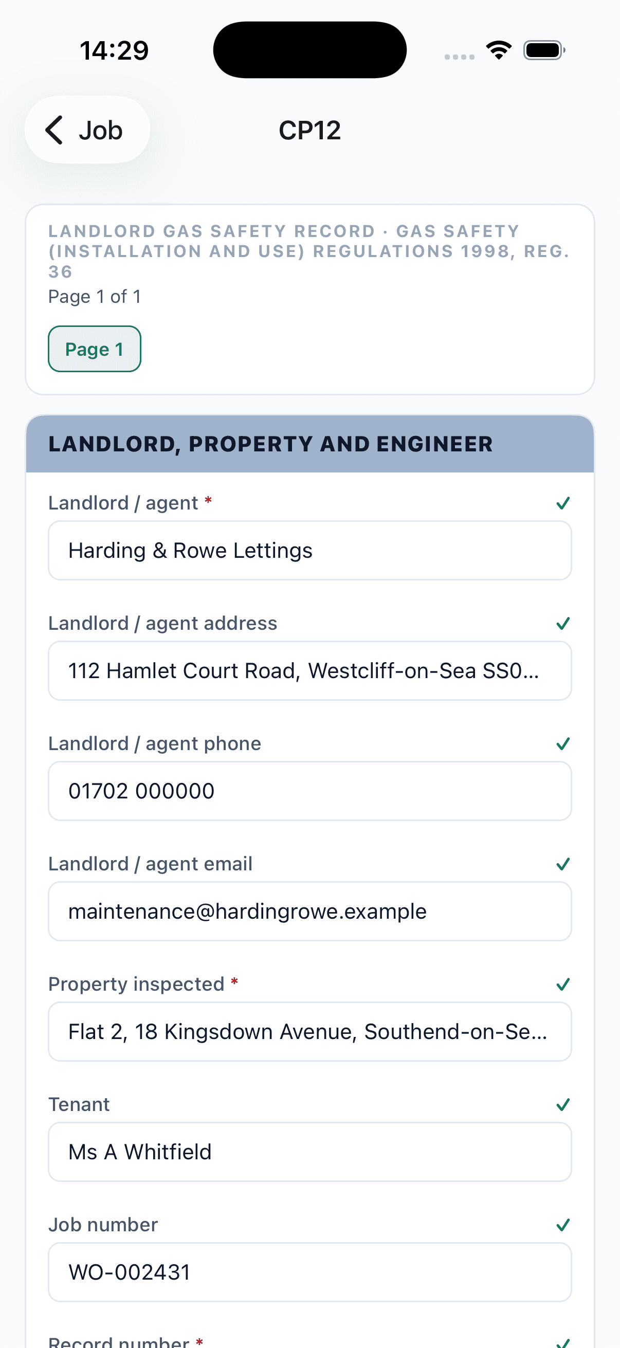 A CP12 in the engineer app with the landlord, agent address, phone, email, property, tenant and job number already filled in from the works order.