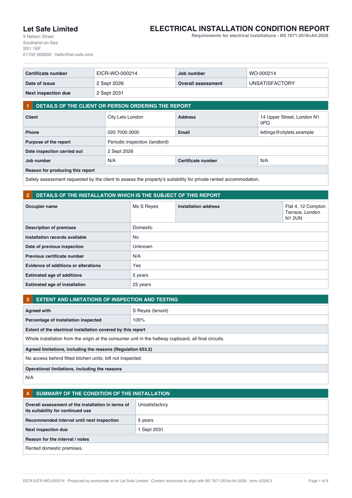 Page one of an issued Electrical Installation Condition Report on the firm's letterhead: certificate number, overall assessment, client and installation details, extent and limitations, and the summary of the condition.