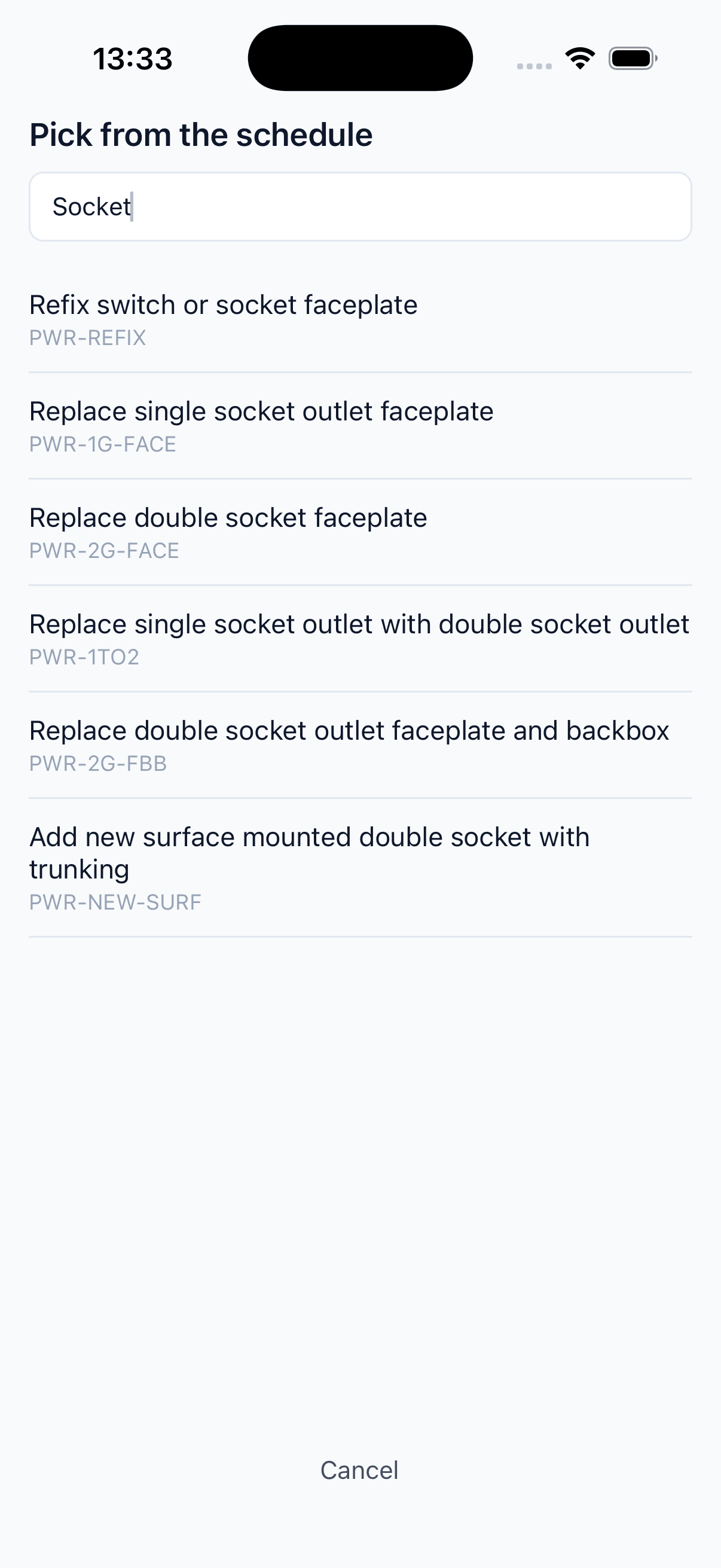 The engineer app's schedule picker: searching 'socket' returns schedule-of-rates lines with their codes and no prices.
