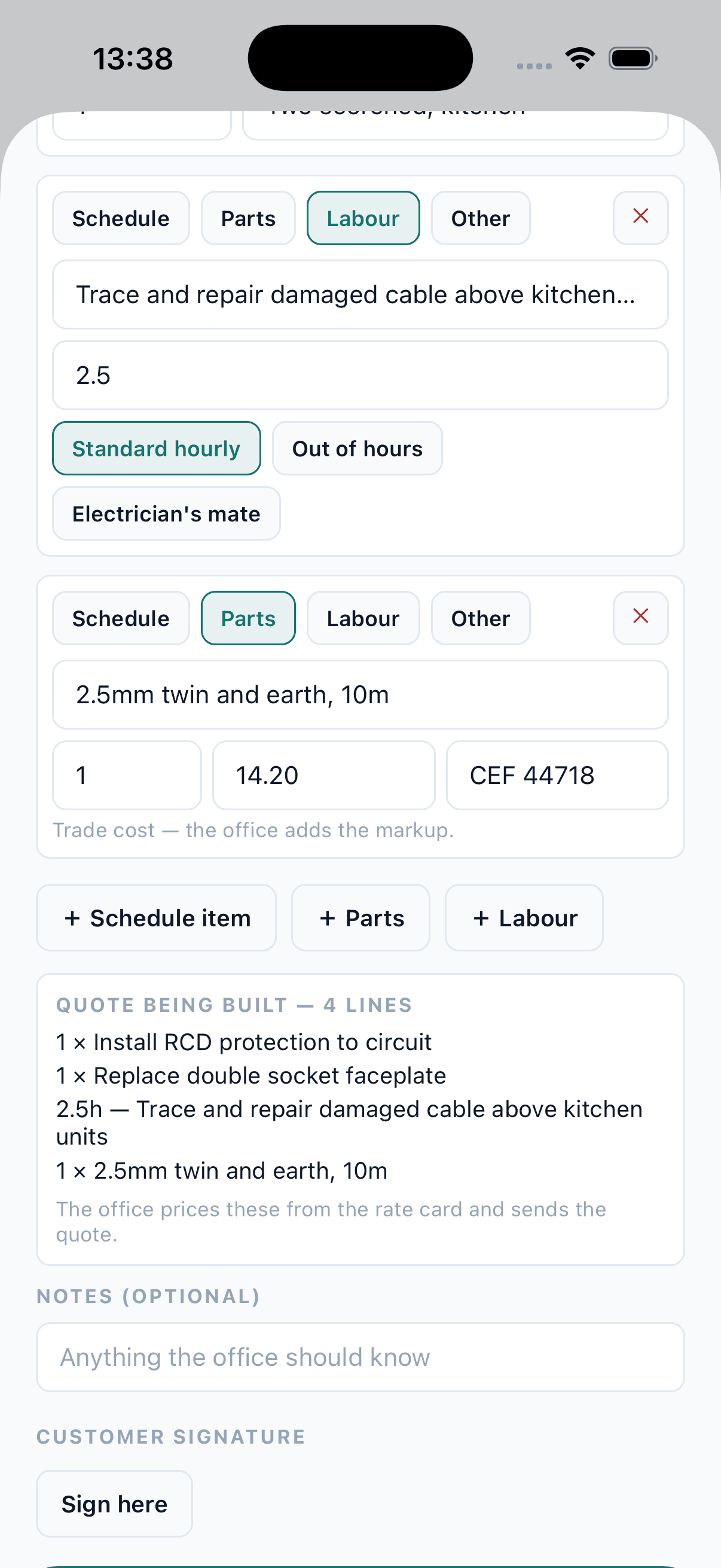 Further-works lines in the engineer app: 2.5 hours of labour, a part at trade cost, and a four-line quote being built, priced by the office.