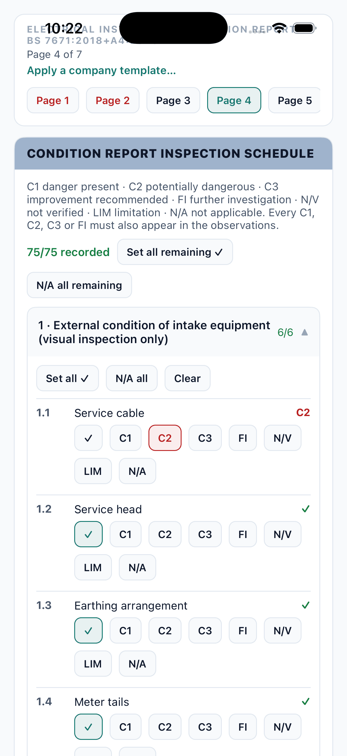 The condition report inspection schedule in the engineer app showing 75 of 75 items recorded, with item 1.1 coded C2.