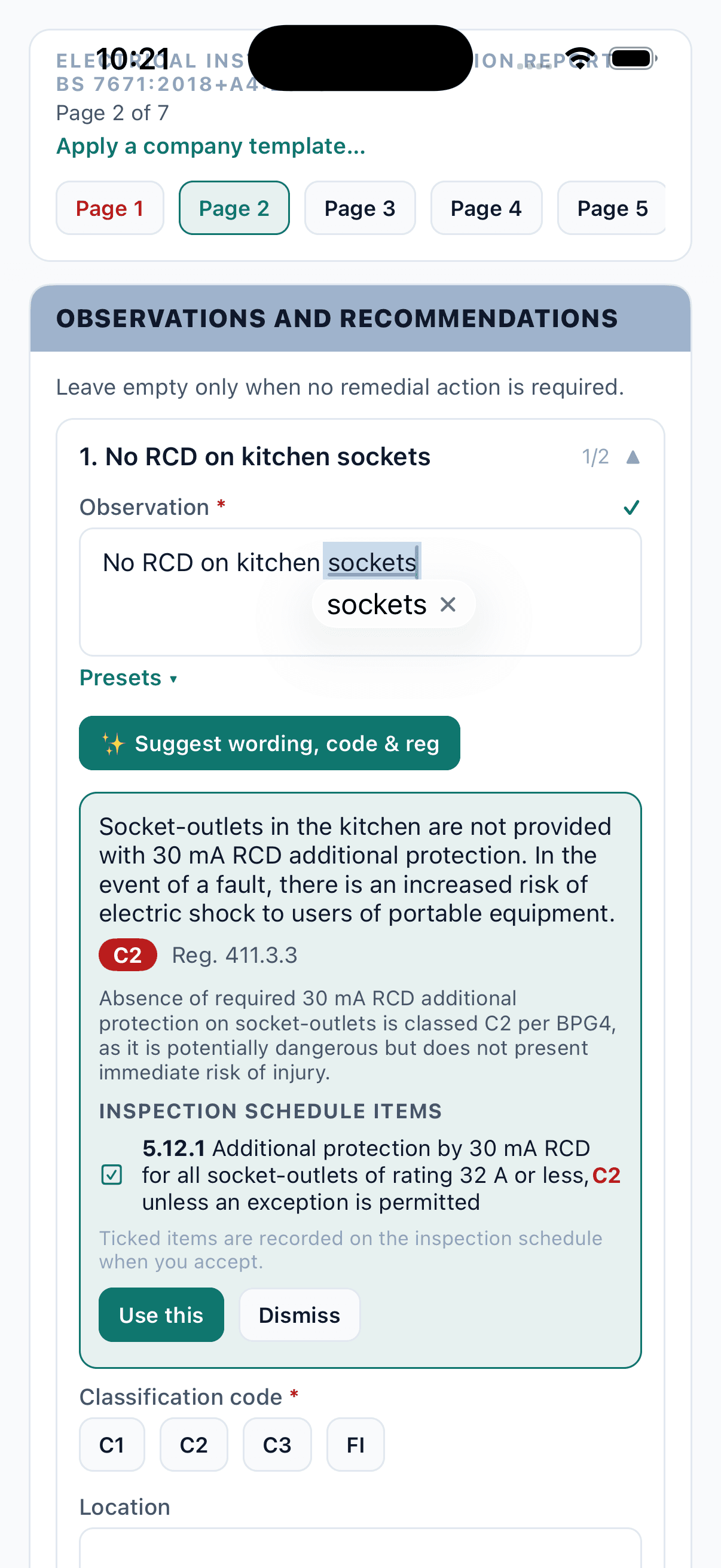 The engineer app turning the note “no RCD on kitchen sockets” into a full observation classified C2 against Regulation 411.3.3, with inspection schedule item 5.12.1 ticked.